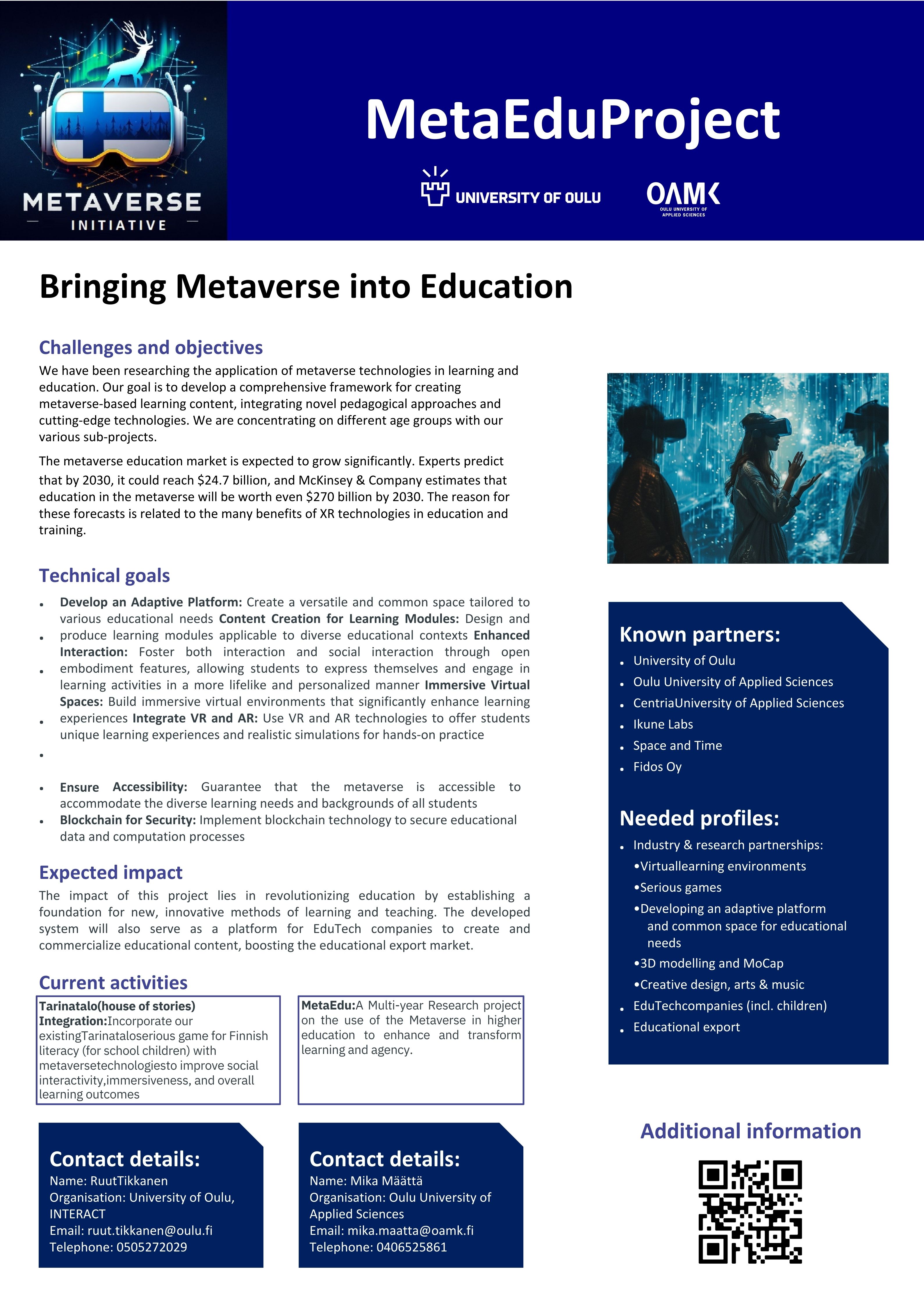 MetaEdu project poster. Challenges, objectives, technological goals, expected impact and activities described.