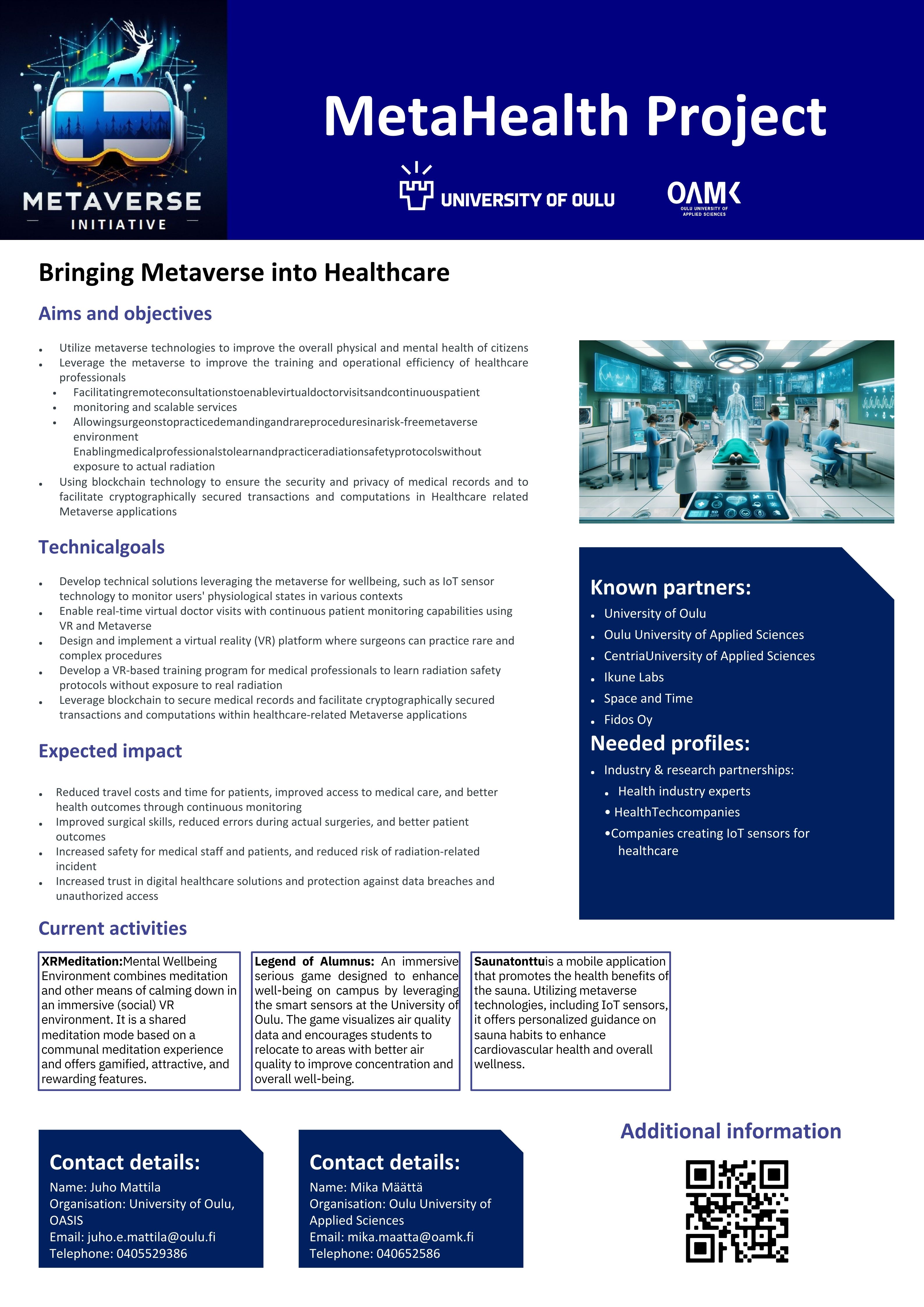 MetaHealth project poster. Aims, objectives, technological goals, expected impact and activities described.