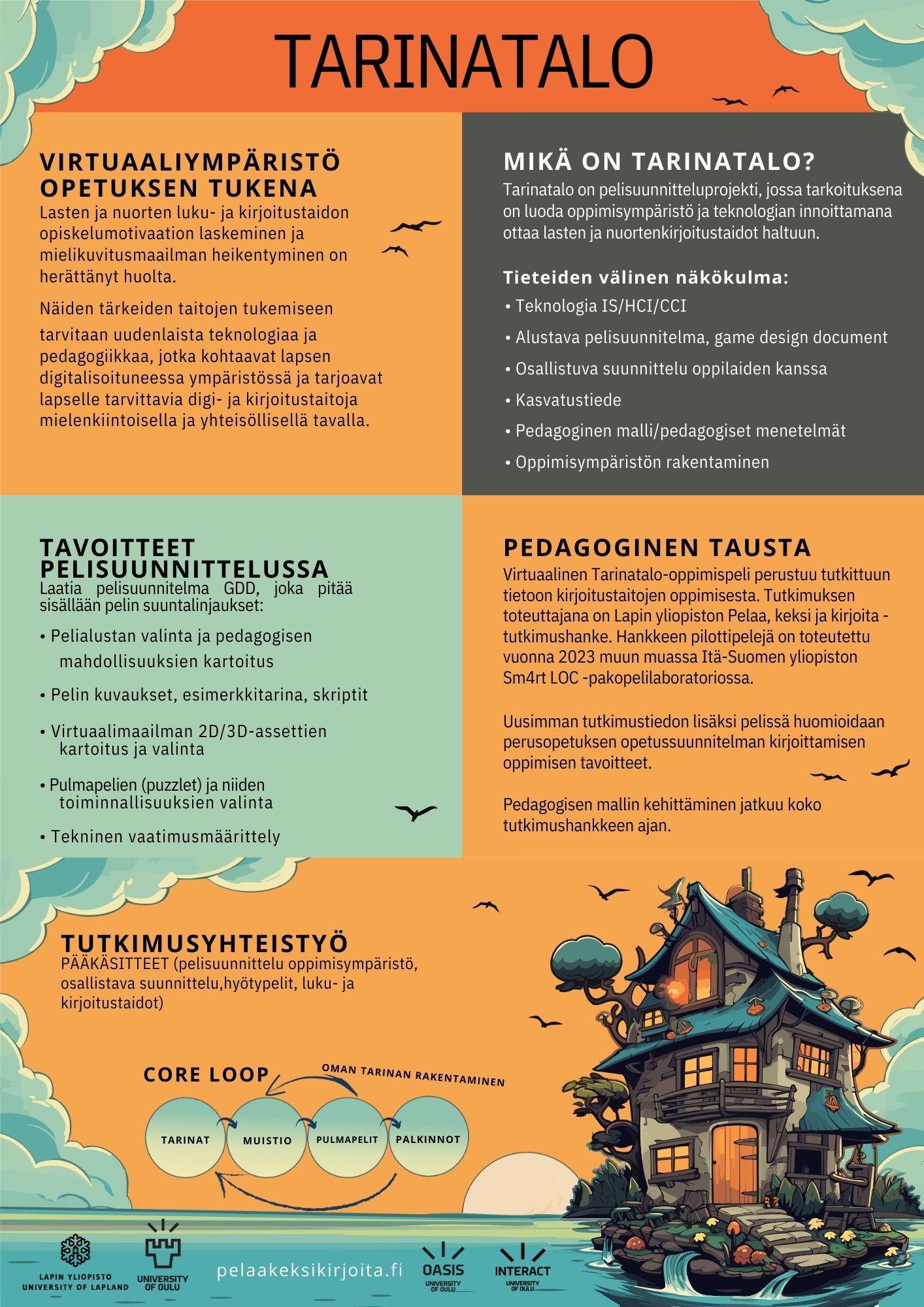 Eariler version of Tarinatalo poster. Text describes the project. Game logo art shown.
